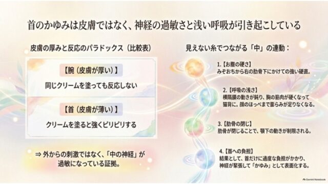 左側に腕と首のクリーム反応の違いを示す対比ボックス、右側に「お腹の硬さ」「呼吸の浅さ」「肋骨の閉じ」「首への負担」の4段階の連鎖が縦に並んだ球体とテキストで図解されたスライド。
