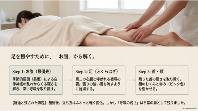 サロンで脚の施術を受けている様子と、お腹・足・首頭の順に進める施術の3ステップが記載されたスライド。