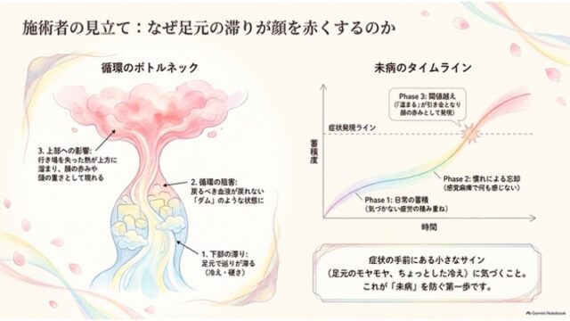 熱と血流の滞りを示す循環ボトルネックのイラストと、疲労蓄積から症状発現までの未病タイムラインのグラフ