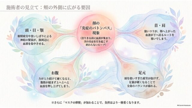 中央の「顔の炎症のバトンパス現象」を中心に、「頭・目・顎」「首・肩」「お腹」「足元」の4要素が線で結ばれた概念図スライド。
