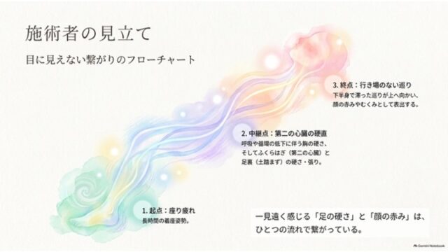 足元から頭部の横顔へ向かって水彩のラインが伸びるイラストとともに、座り疲れからふくらはぎの硬直を経て顔の赤みに至る流れを示したフローチャートスライド。