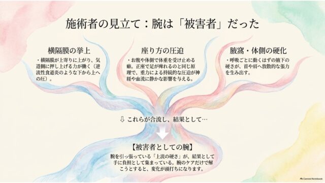腕のかゆみの原因が身体の上流にあることを、枝分かれした構造で説明した解説図。