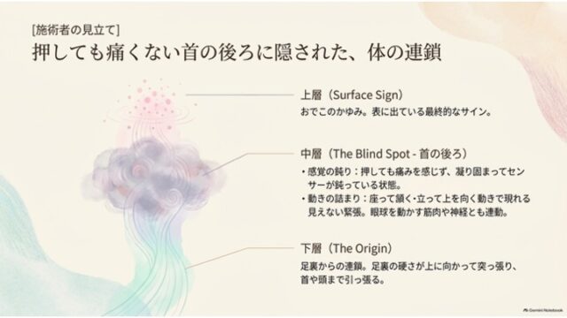 左側に足裏・首・おでこを象徴する縦の階層イラスト、右側に上層（かゆみ）・中層（首の鈍り）・下層（足裏の突っ張り）の身体連鎖を解説したテキストが配置されたスライド。