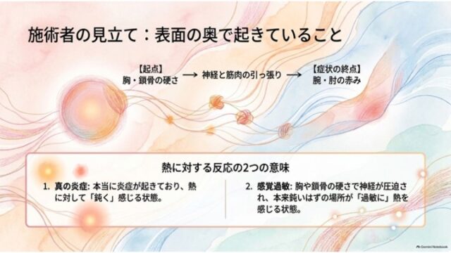 胸や鎖骨の硬さから腕や肘の赤みへと至るプロセスの矢印図と、下部に「真の炎症」と「感覚過敏」という熱反応の2つの意味を解説した枠が配置されたスライド。